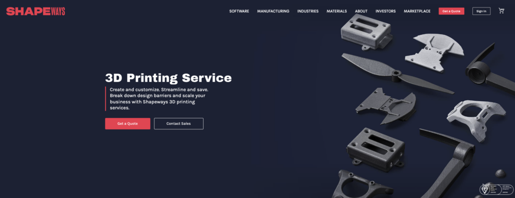 A web page for Shapeways 3D printing services, featuring an assortment of 3D-printed metal parts and tools displayed on a dark background, highlighting its position among Xometry competitors.